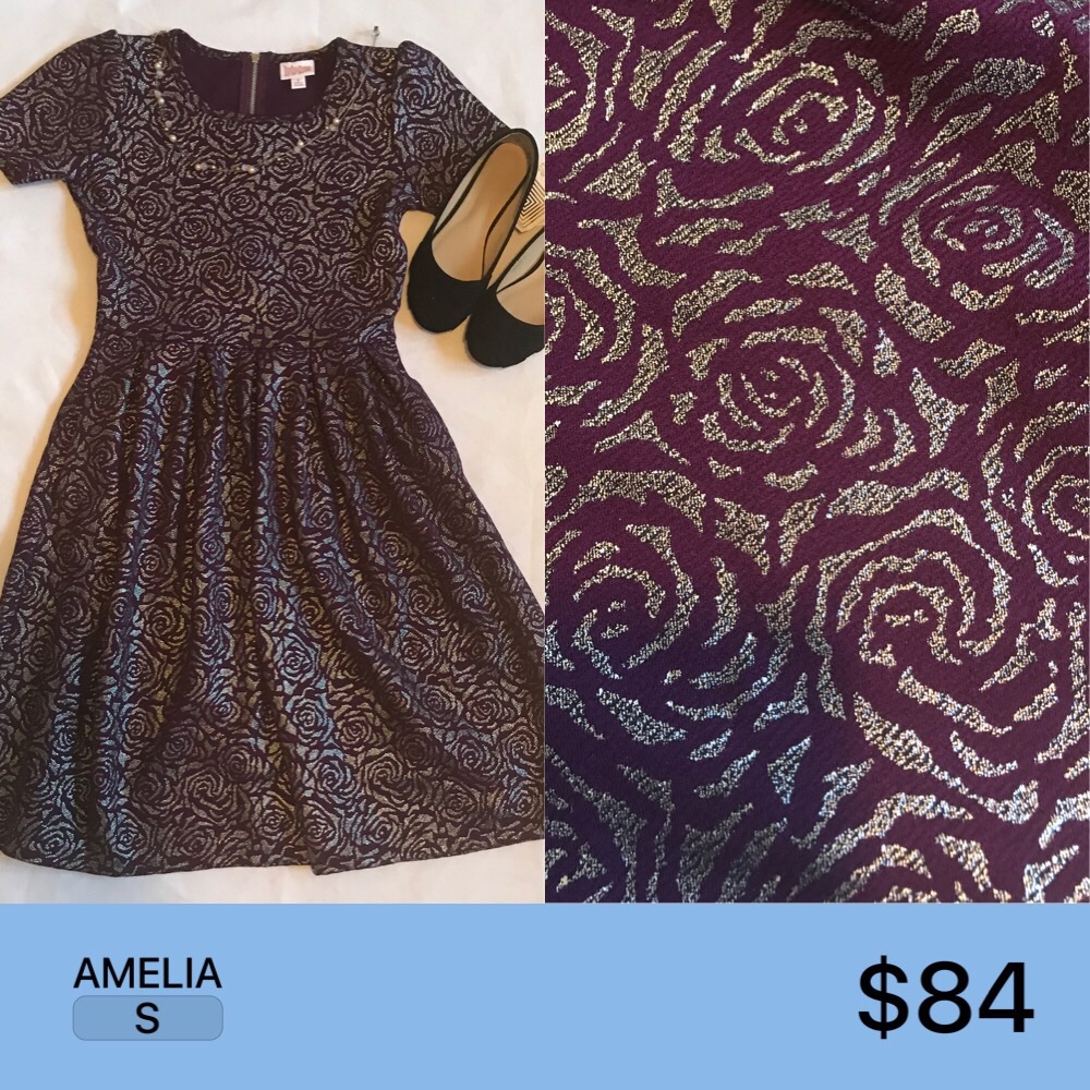 Lularoe Amelia Elegant Purple and Silver Roses NWT